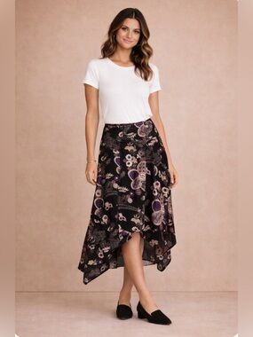 Mixit Black Purple Floral Asymmetrical Midi Skirt Satin Hanky Hem Size 4